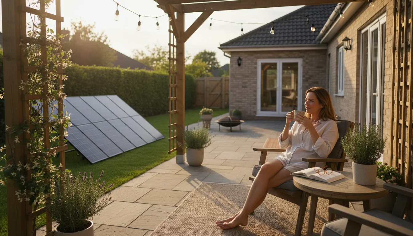 A person relaxes on a cozy backyard patio, reading a book, with solar panels visible on the roof of their sunlit home.