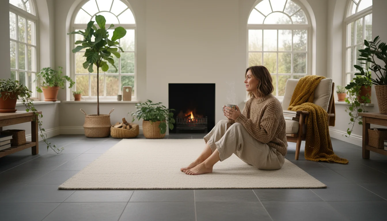 A person relaxes in a sunlit living room, their bare feet comfortably resting on warm, large-format tile flooring.