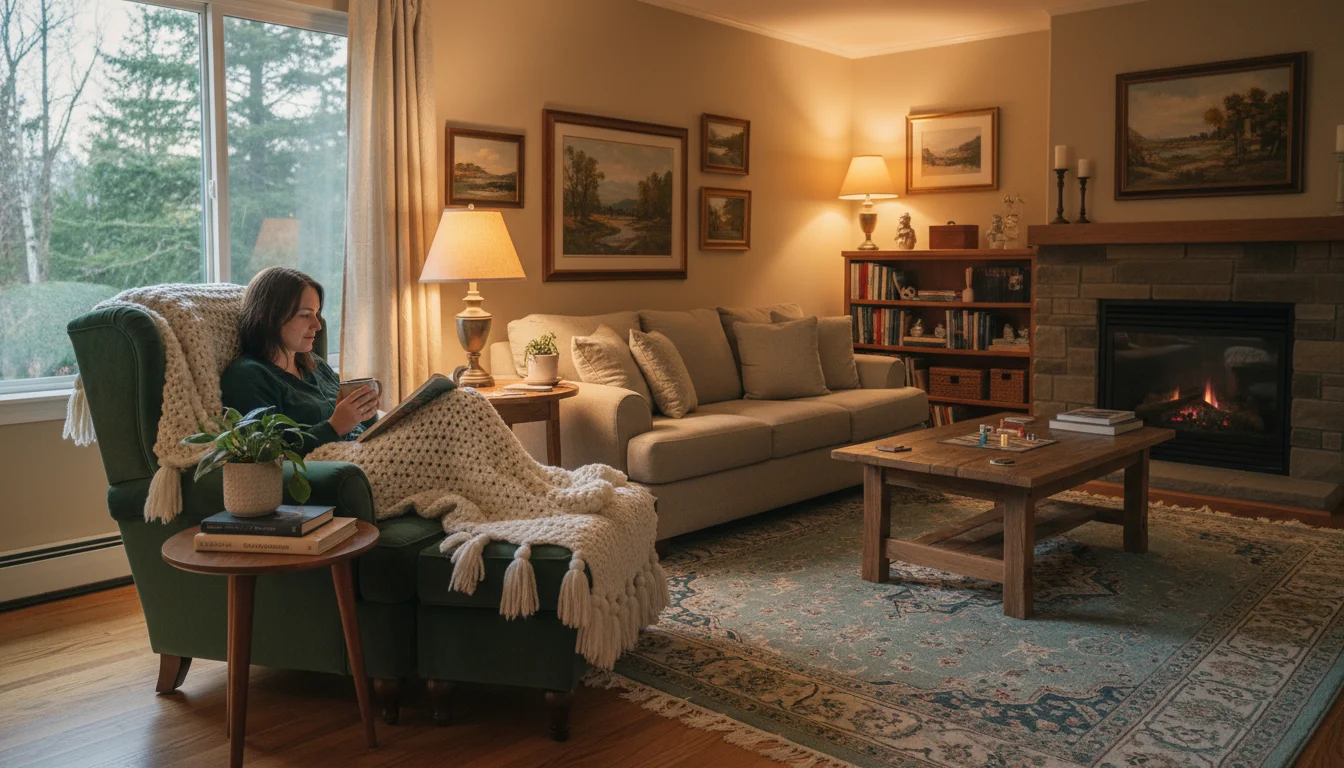 A person relaxing on a cozy armchair in a warm, inviting living room at dusk, bathed in soft lamp and natural light.