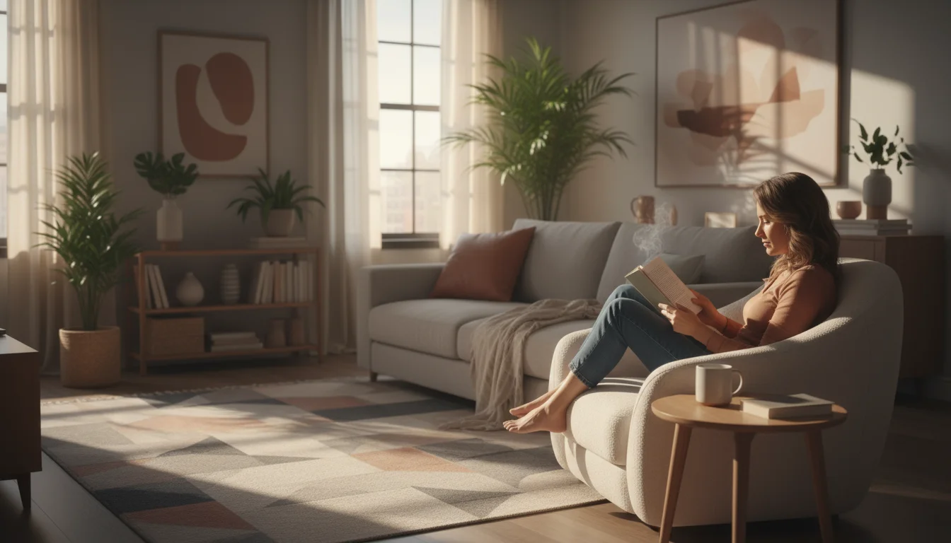 A person relaxing in a quiet, sunlit apartment living room, reading a book while curled up on an armchair, surrounded by organized decor.