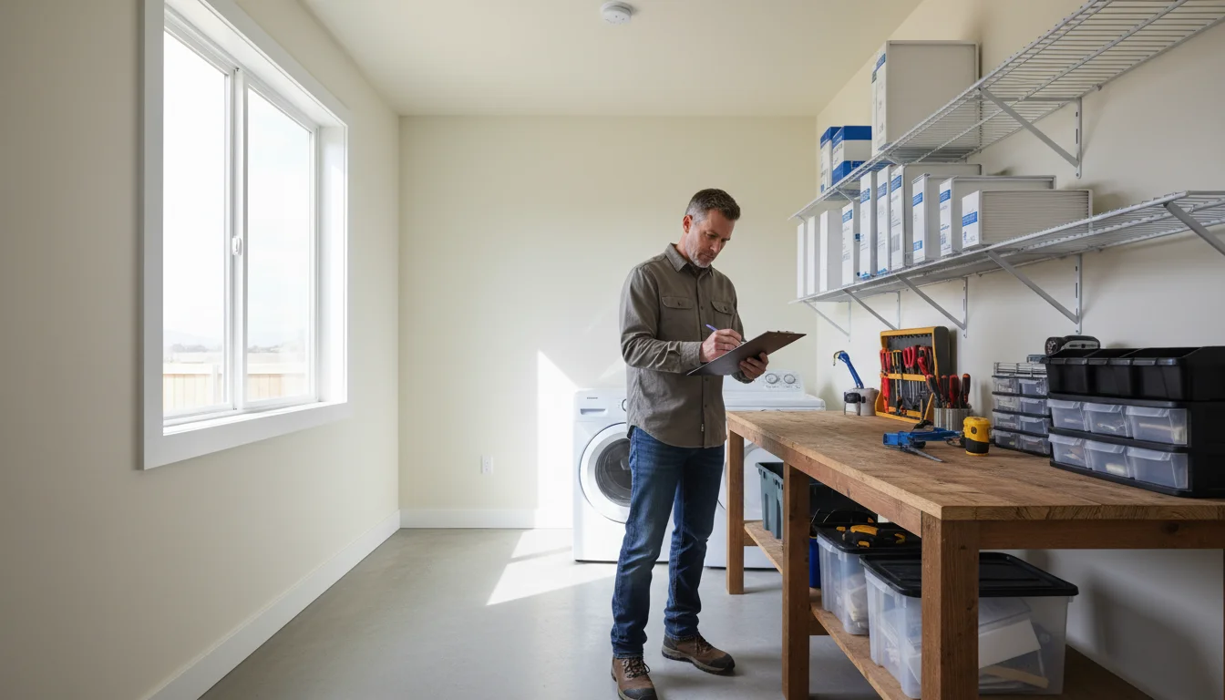 Person reviewing a home maintenance checklist on a clipboard in a bright utility room with HVAC filters nearby.