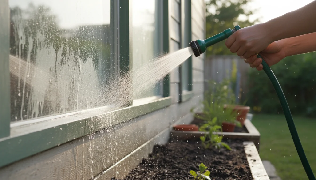 A person rinses a dusty ground-level window with a garden hose, water spraying gently on the glass.