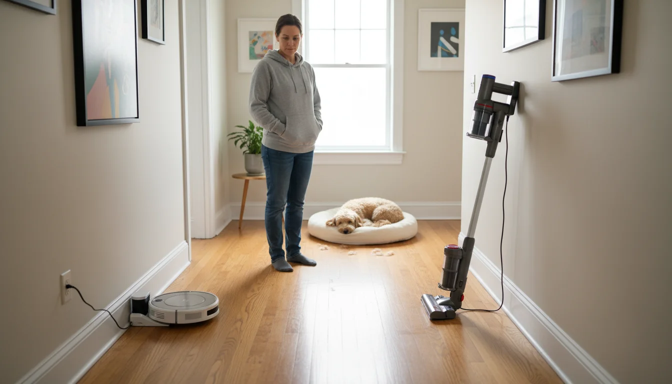 Person looking at a robot vacuum and a stick vacuum in a bright home hallway, with a small dog sleeping nearby.