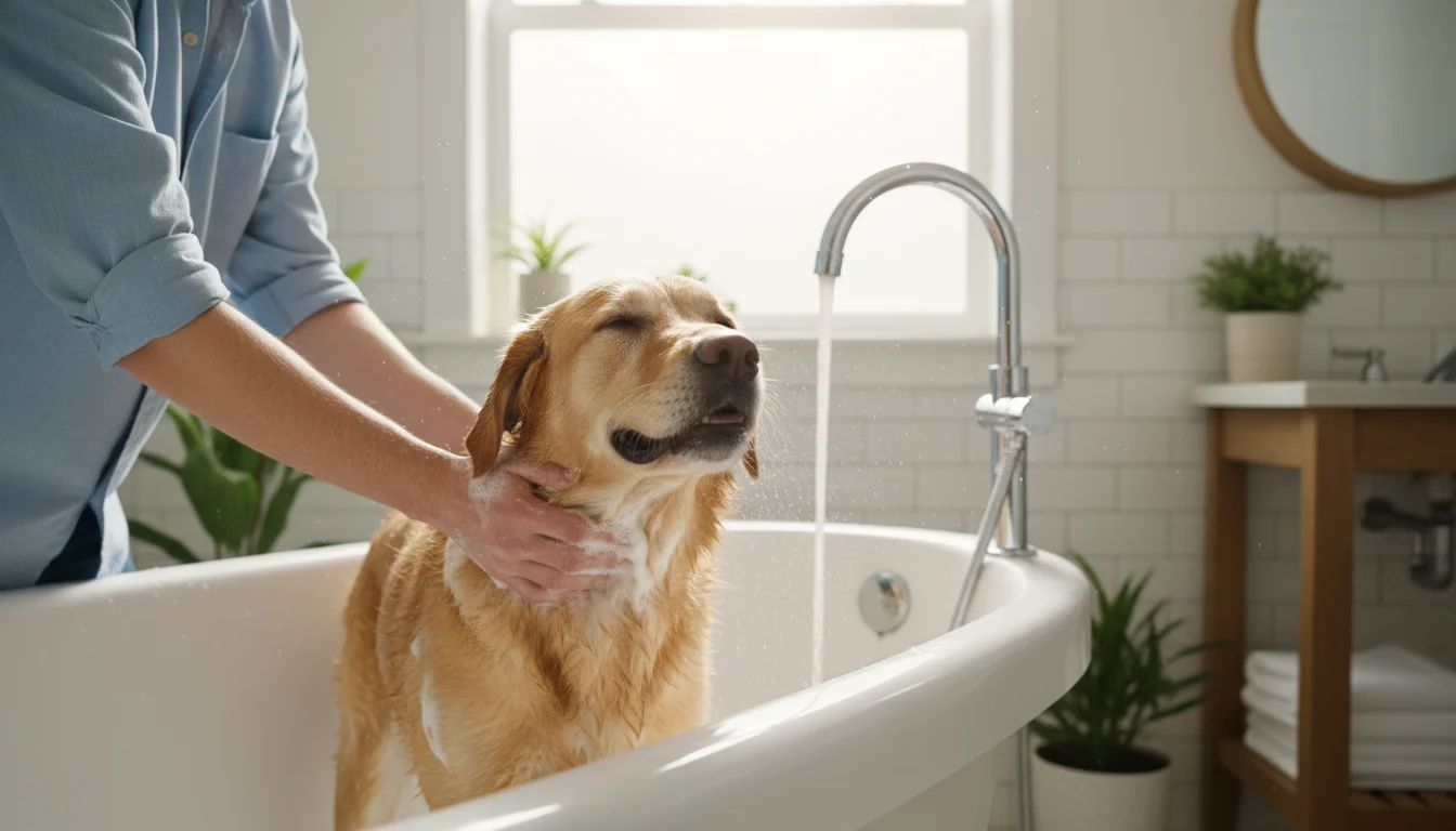 A person with rolled-up sleeves gently lathers shampoo onto a calm, happy Golden Retriever in a brightly lit home bathtub, part of a routine.