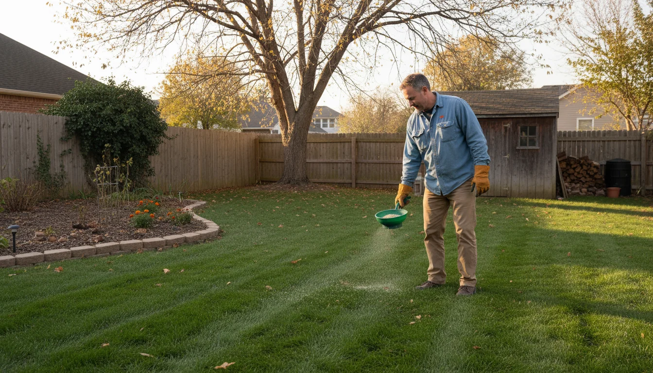 A person scatters granular winterizer fertilizer on a healthy green lawn, with a neatly cleared garden bed in the background on a calm autumn day.