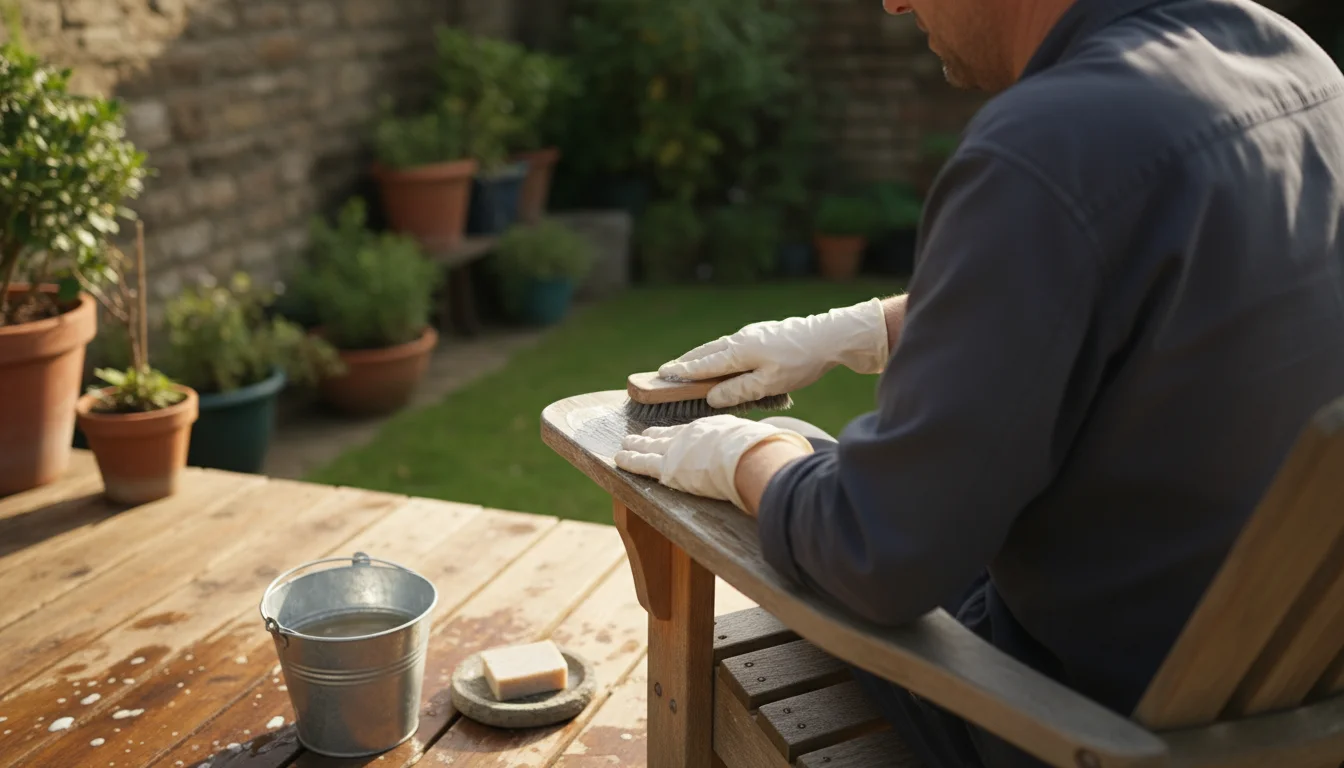 A person gently scrubs a weathered wooden outdoor chair with a brush and soapy water on a cozy autumn deck, preparing it for winter storage.