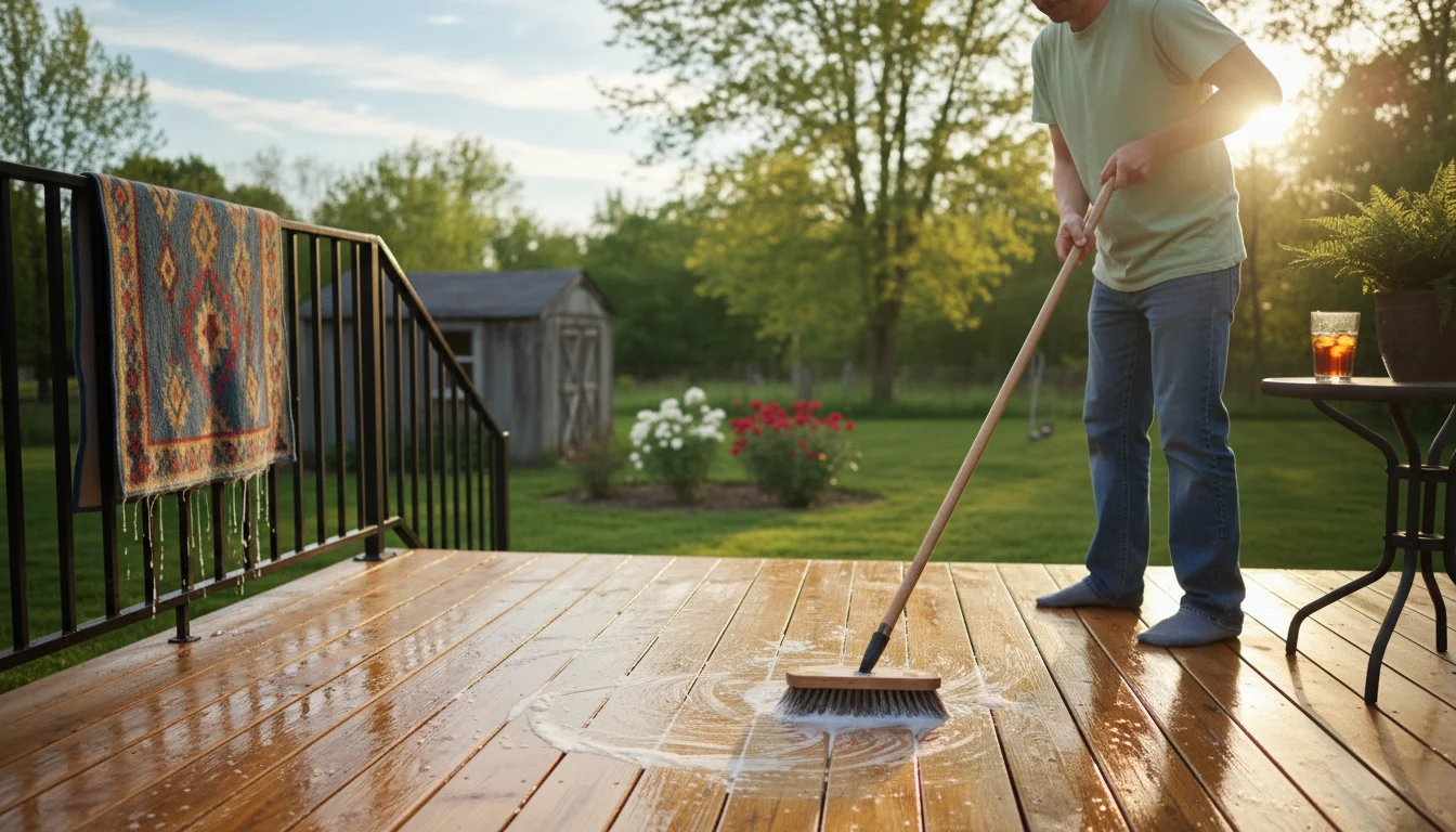 A person scrubs a wooden deck with a brush. A freshly washed rug dries on a railing, and sharpened garden tools are nearby.