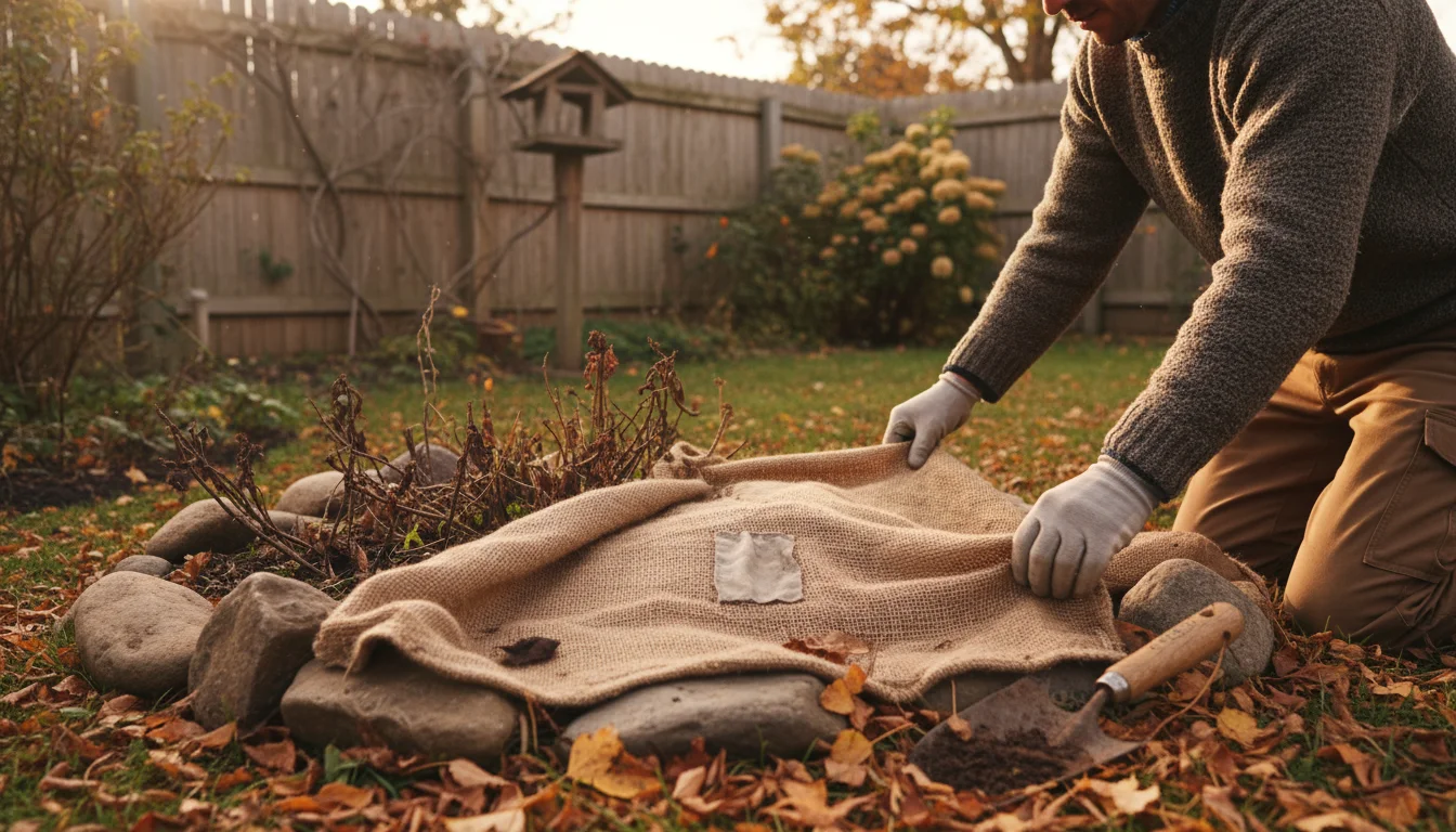 Person securing repurposed fabric with rocks over a garden bed for winter, showing budget-friendly plant protection in autumn.