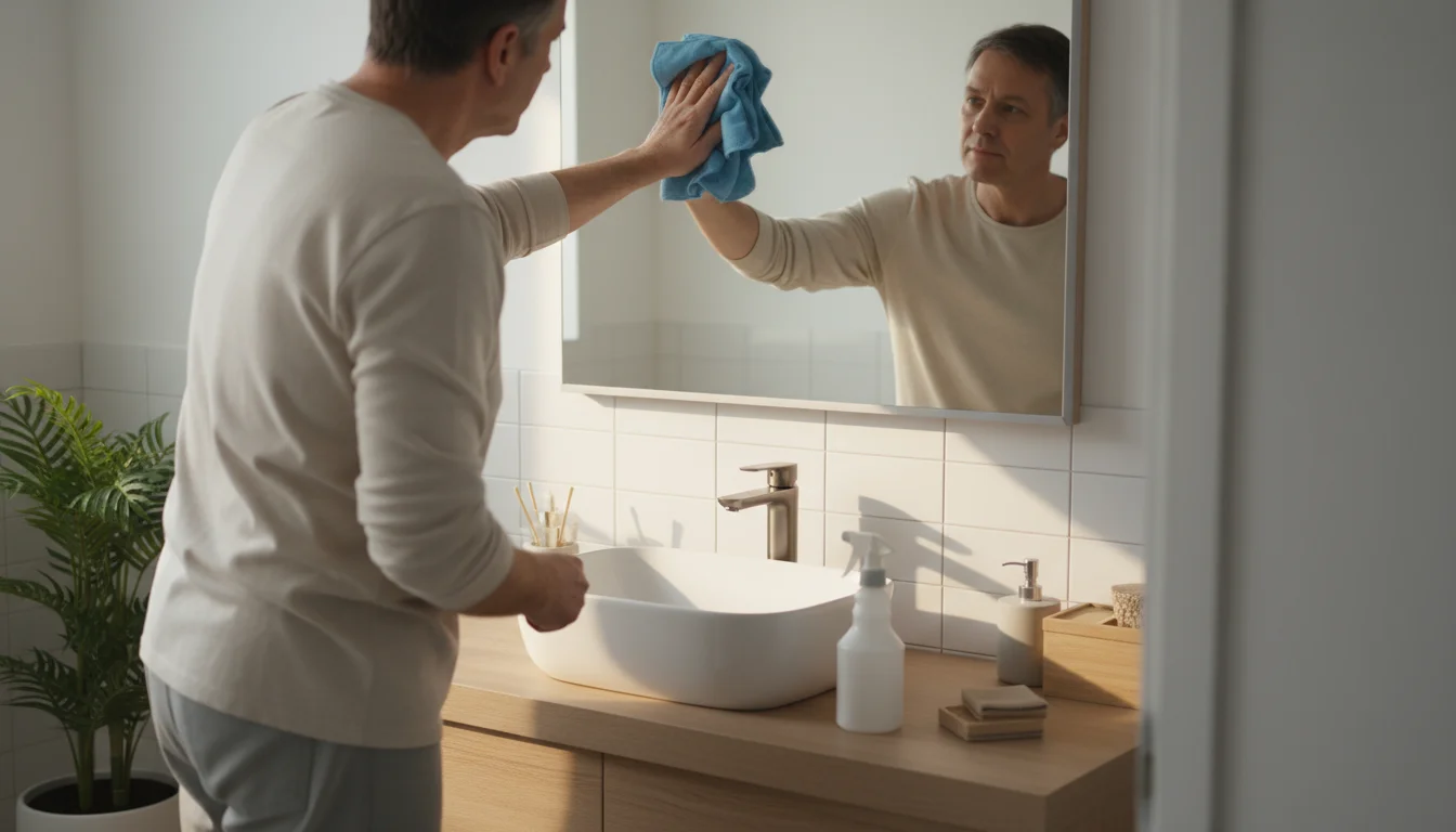 A person, seen from slightly behind their shoulder, wiping a bathroom mirror. Their reflection and a clean vanity with a sink are visible.