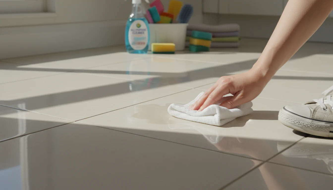 Person's shoe on a dry kitchen floor, a hand wiping a small water spot with a white cloth, tool bag in background.
