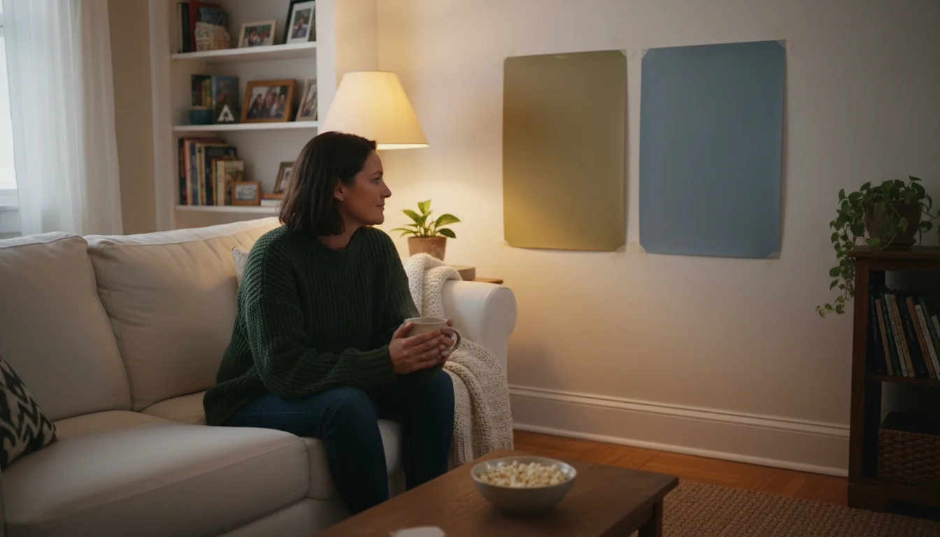A person sips from a mug, observing large paint swatches on a wall in a cozy living room lit by a warm lamp at dusk.
