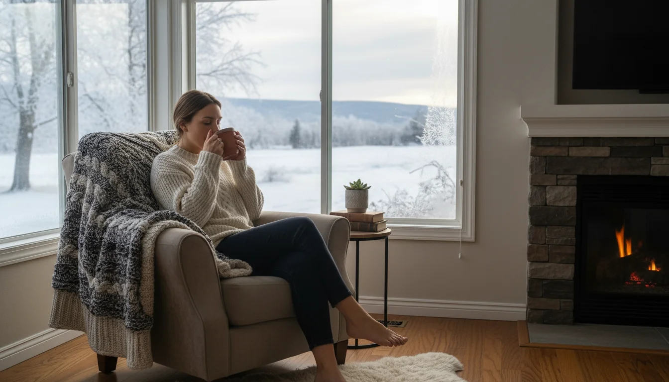 A person sips tea in a cozy armchair by a window, outside which is a snowy winter scene. The window frame shows a neat caulk seal.