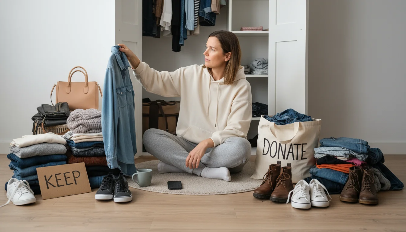 A person sits on a bedroom floor, actively sorting large piles of clothes and accessories that have been pulled from their closet.