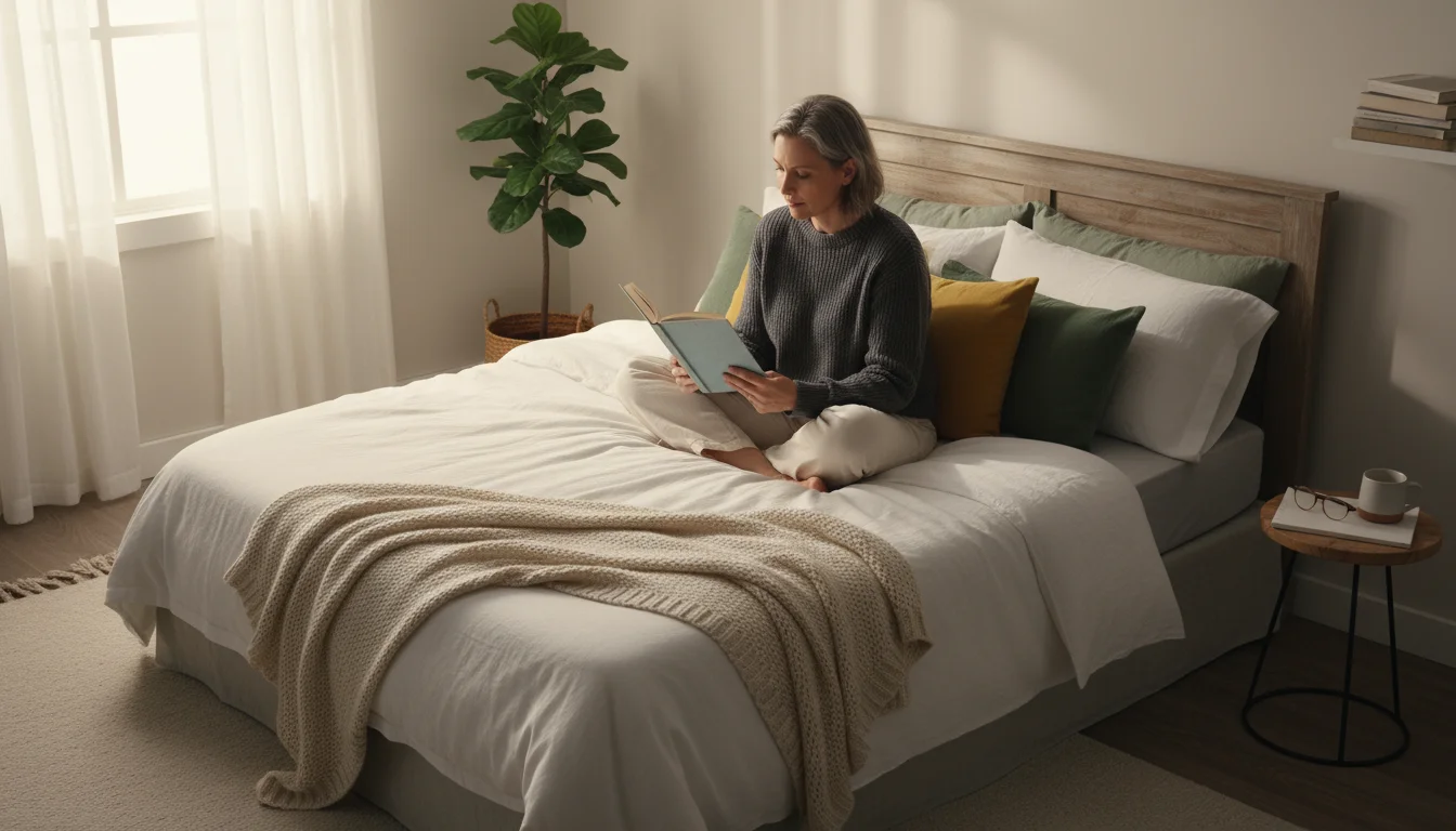 A person sits comfortably cross-legged on a neatly made bed, absorbed in reading a book in a naturally lit bedroom.