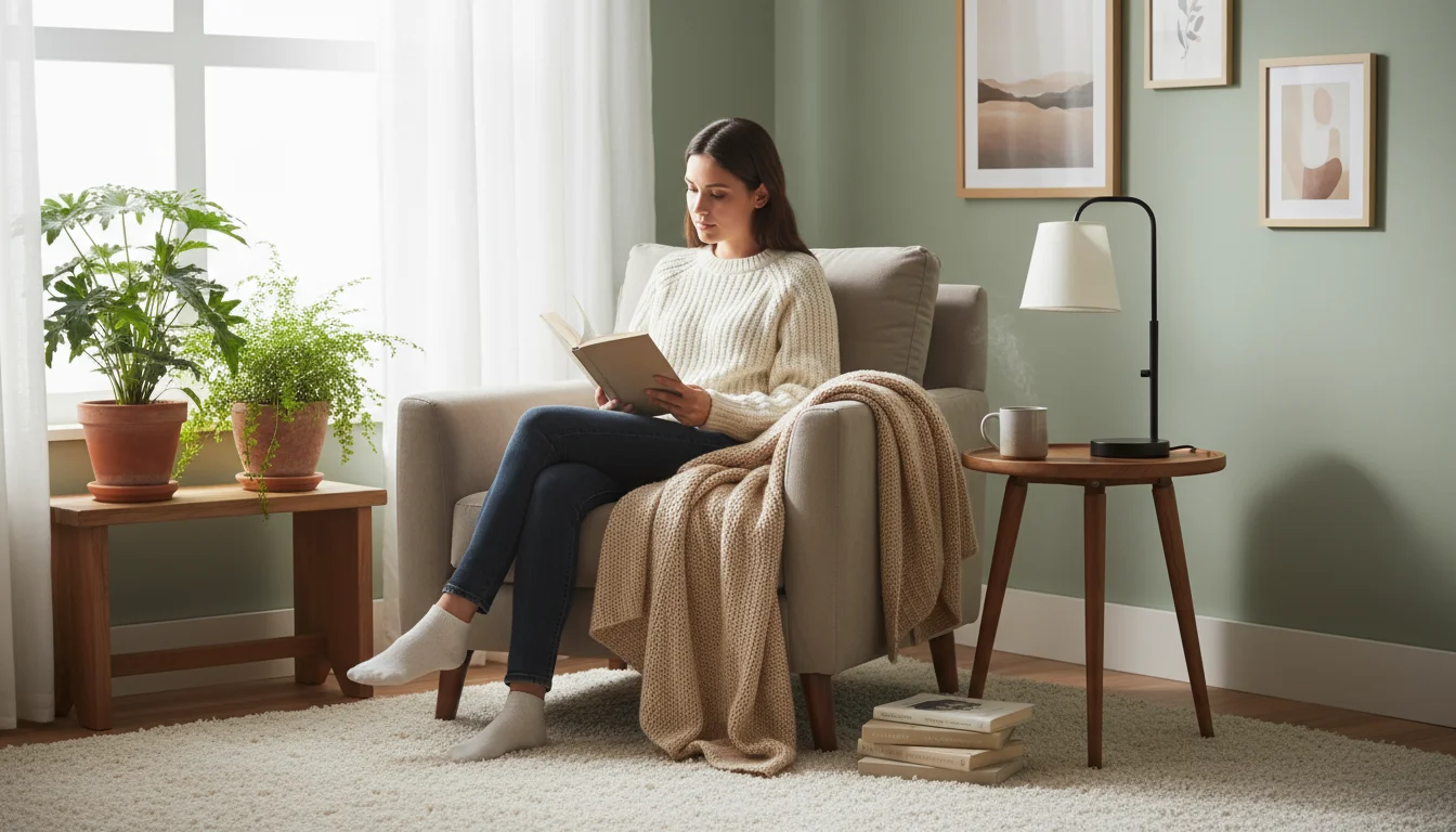 A person sits comfortably in a neutral armchair by a window, reading a book. A mug and lamp are on a nearby small table.