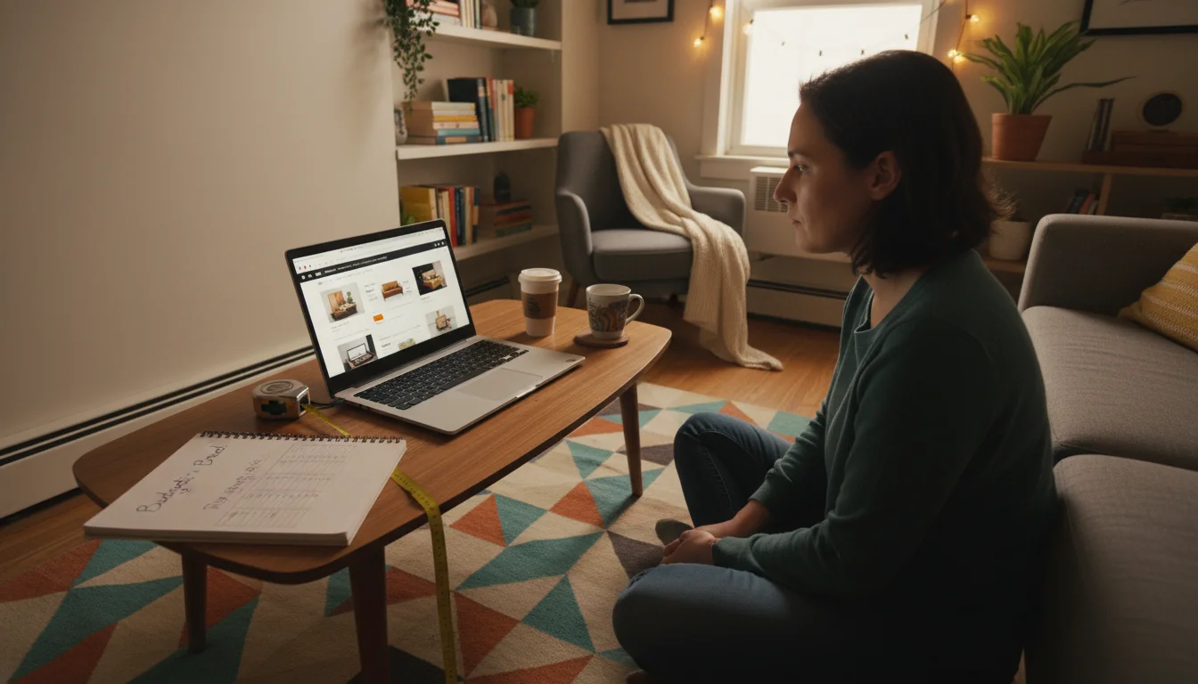 A person sits cross-legged on a rug in a small apartment, focused on a laptop displaying furniture websites. A notebook and measuring tape are nearby.