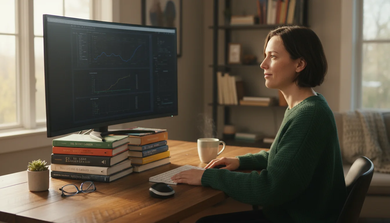 Person sits at a home desk, monitor elevated by colorful books. Their head and neck are in a neutral, relaxed posture. Cozy, bright office.