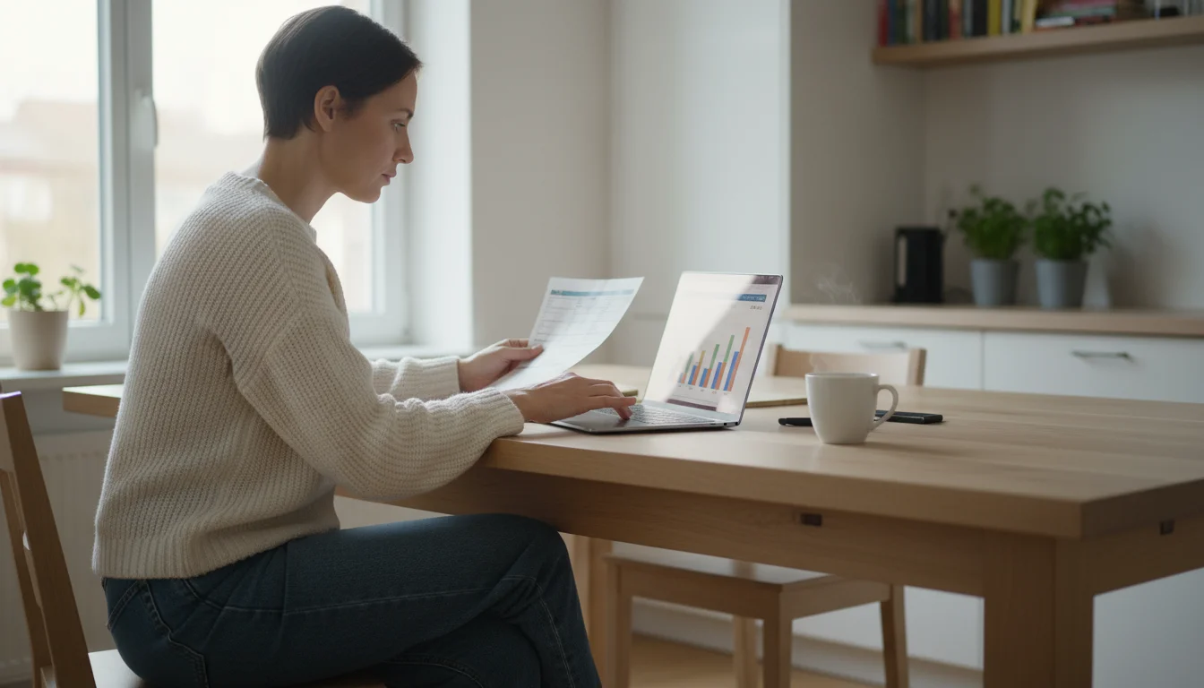 A person sits at a kitchen island, thoughtfully comparing a paper energy bill with data on a digital screen, with a mug of tea nearby.