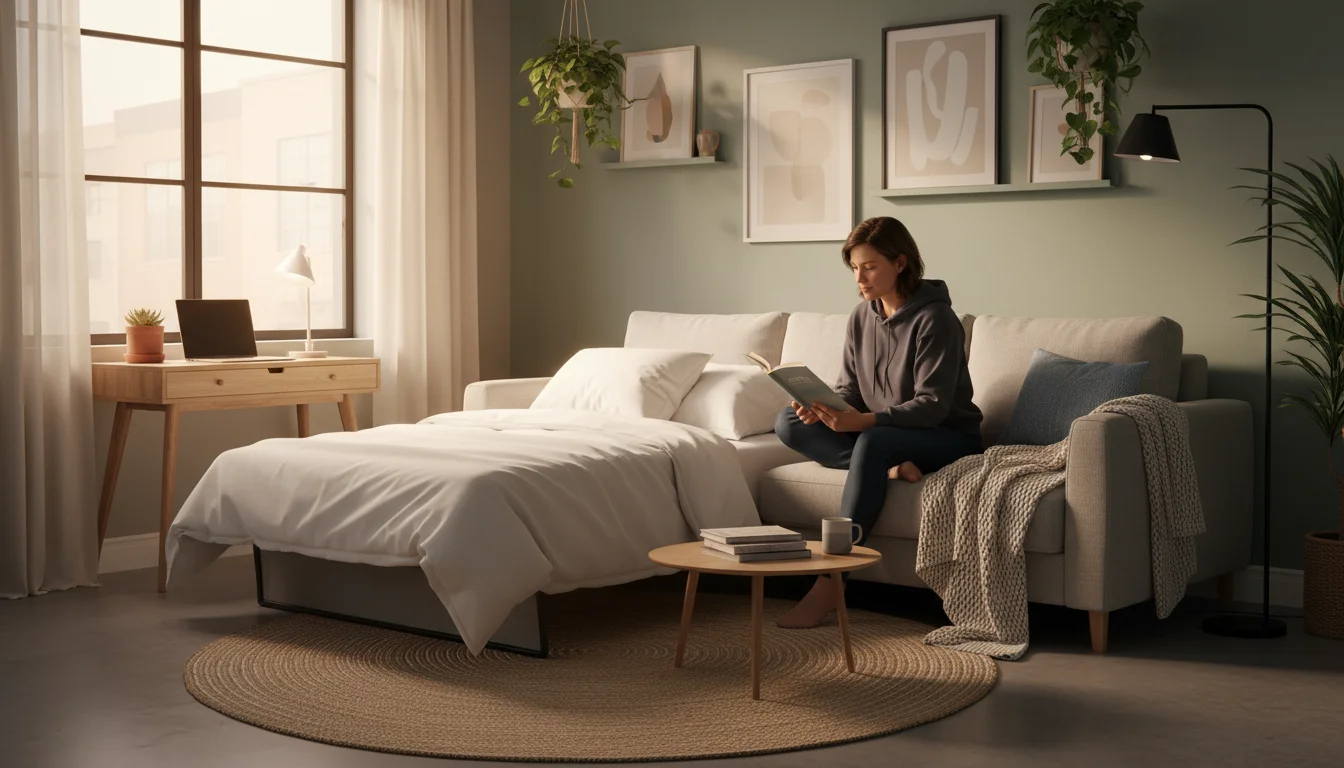 A person sits on a partially converted sofa bed in a small, naturally lit living room, demonstrating multifunctional furniture.