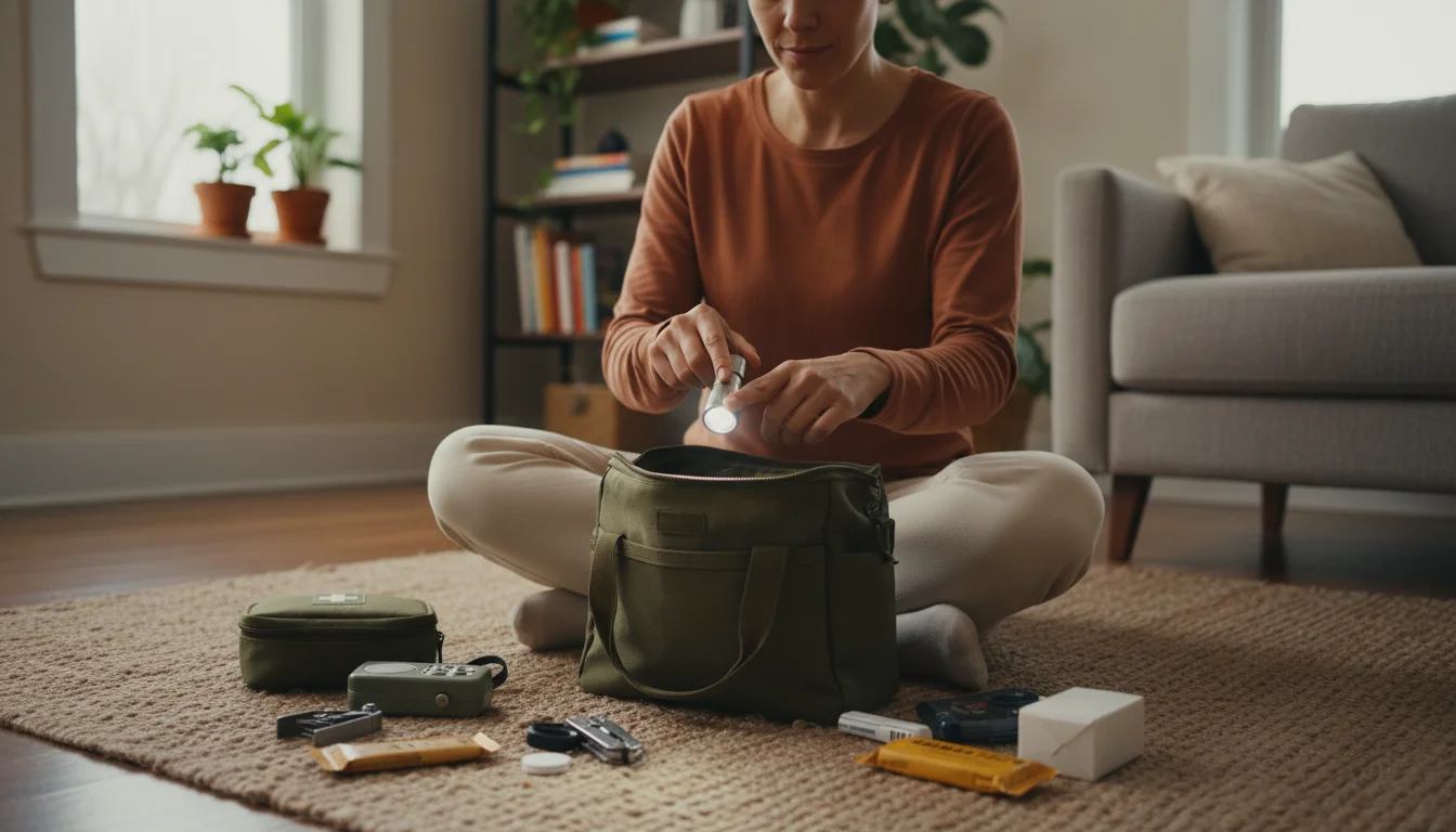 A person sits on a rug, testing a flashlight from an open emergency kit bag.
