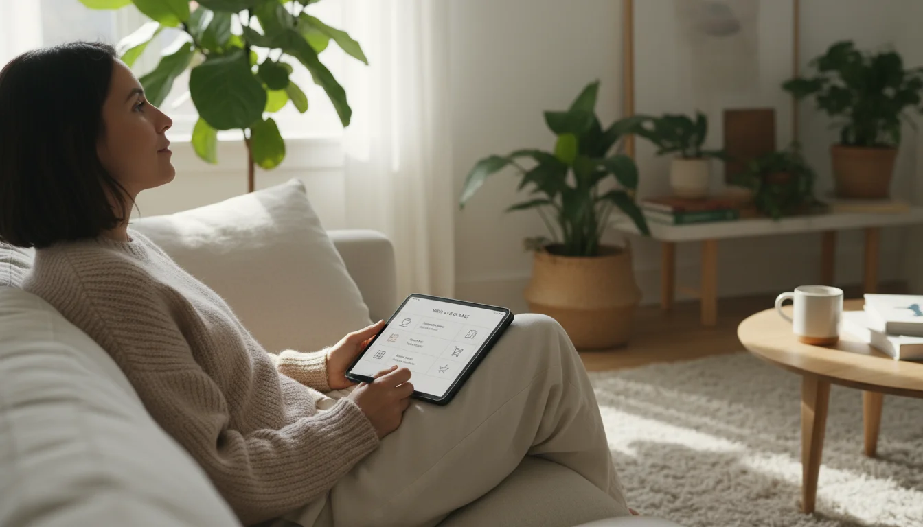 A person sits on a sofa, thoughtfully looking up from a planner, assessing their bright living room for maintenance tasks.
