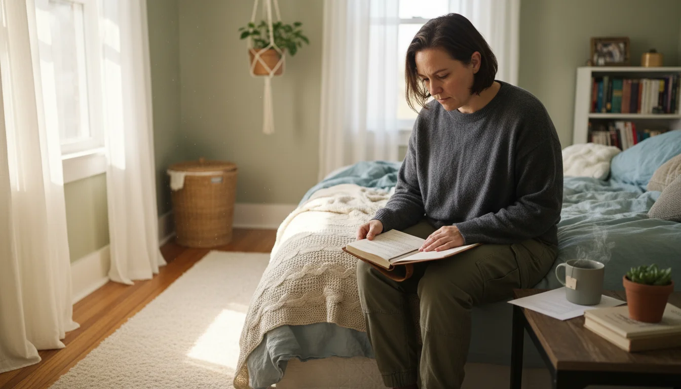 A person sits thoughtfully on a bed, reviewing notes on a tablet or notebook, with a glimpse of an organized yet realistic closet in the soft backgrou