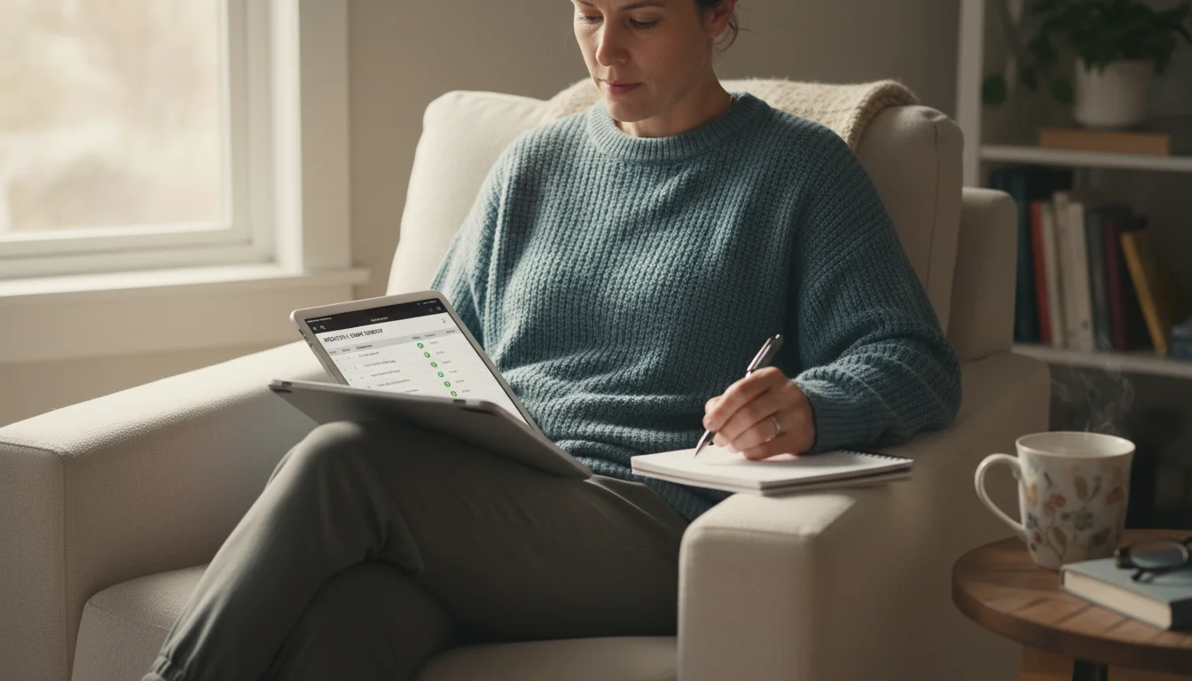 Person sitting in an armchair, focused on a tablet displaying a home maintenance task list with checked items. A warm mug is nearby.