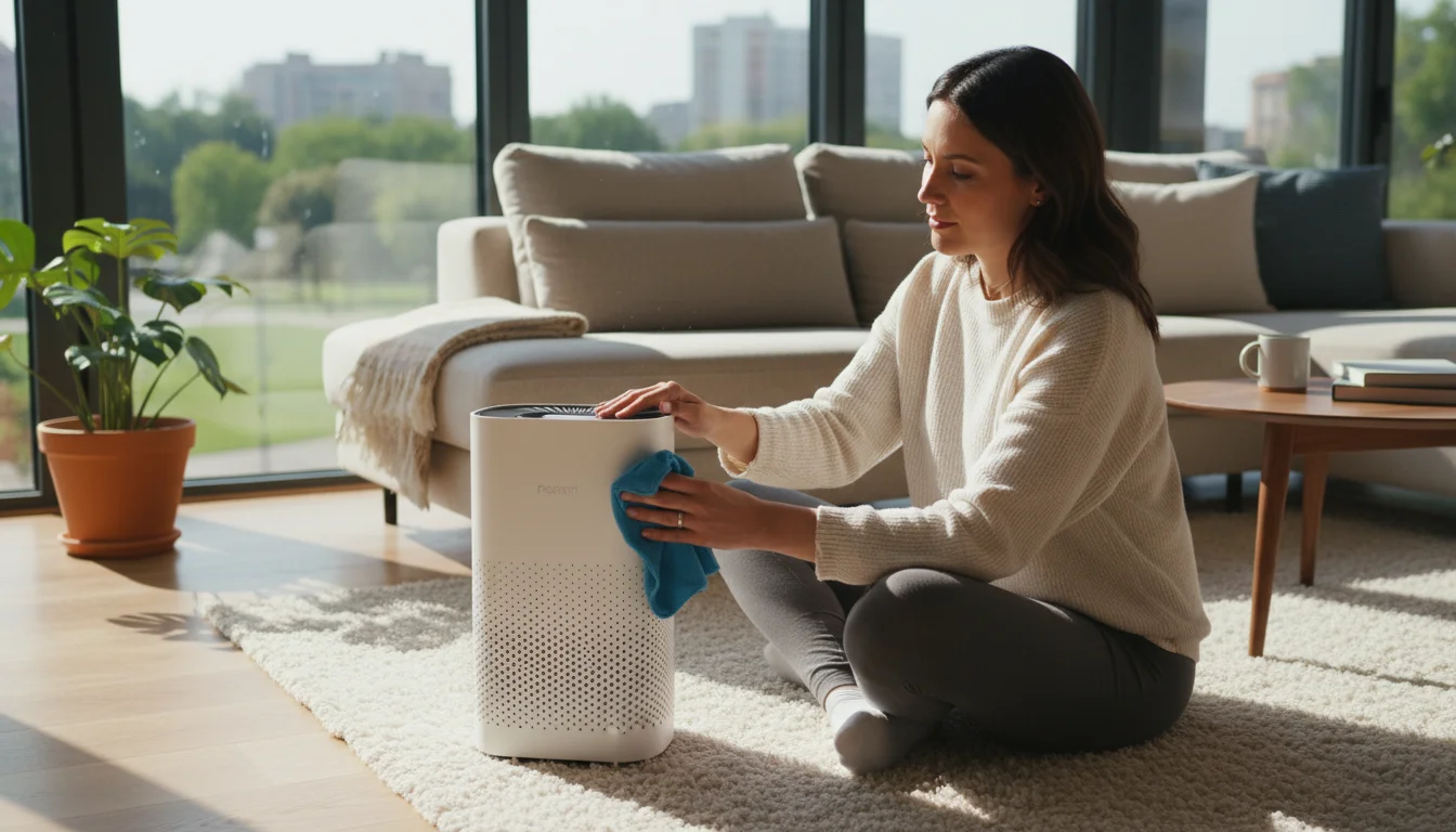 Person sitting on a cozy living room rug, gently wiping a portable air purifier with a soft cloth.