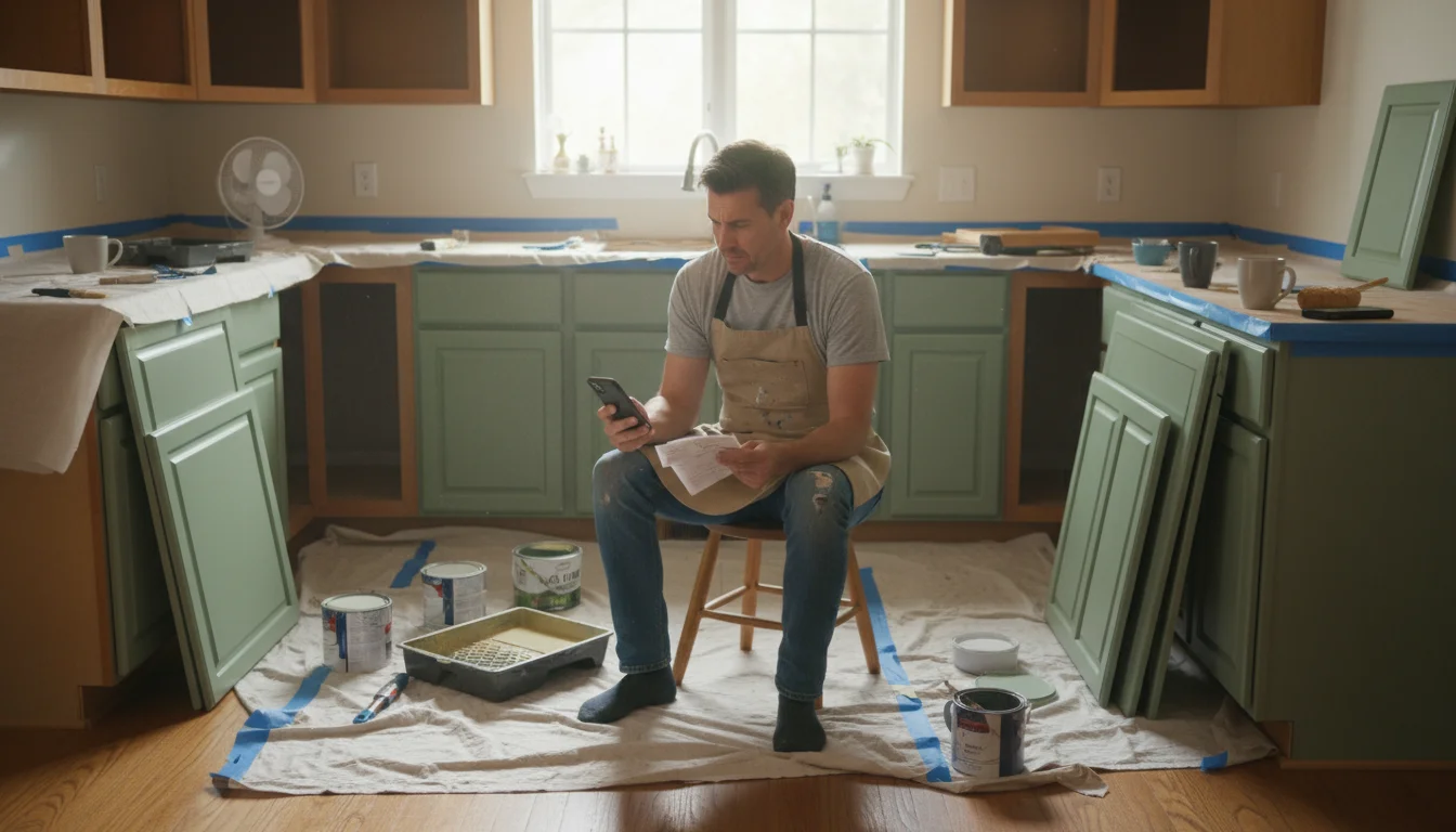 A person sitting on a stool in a kitchen, looking at their phone while painting cabinets, with supplies and partially painted doors around them.