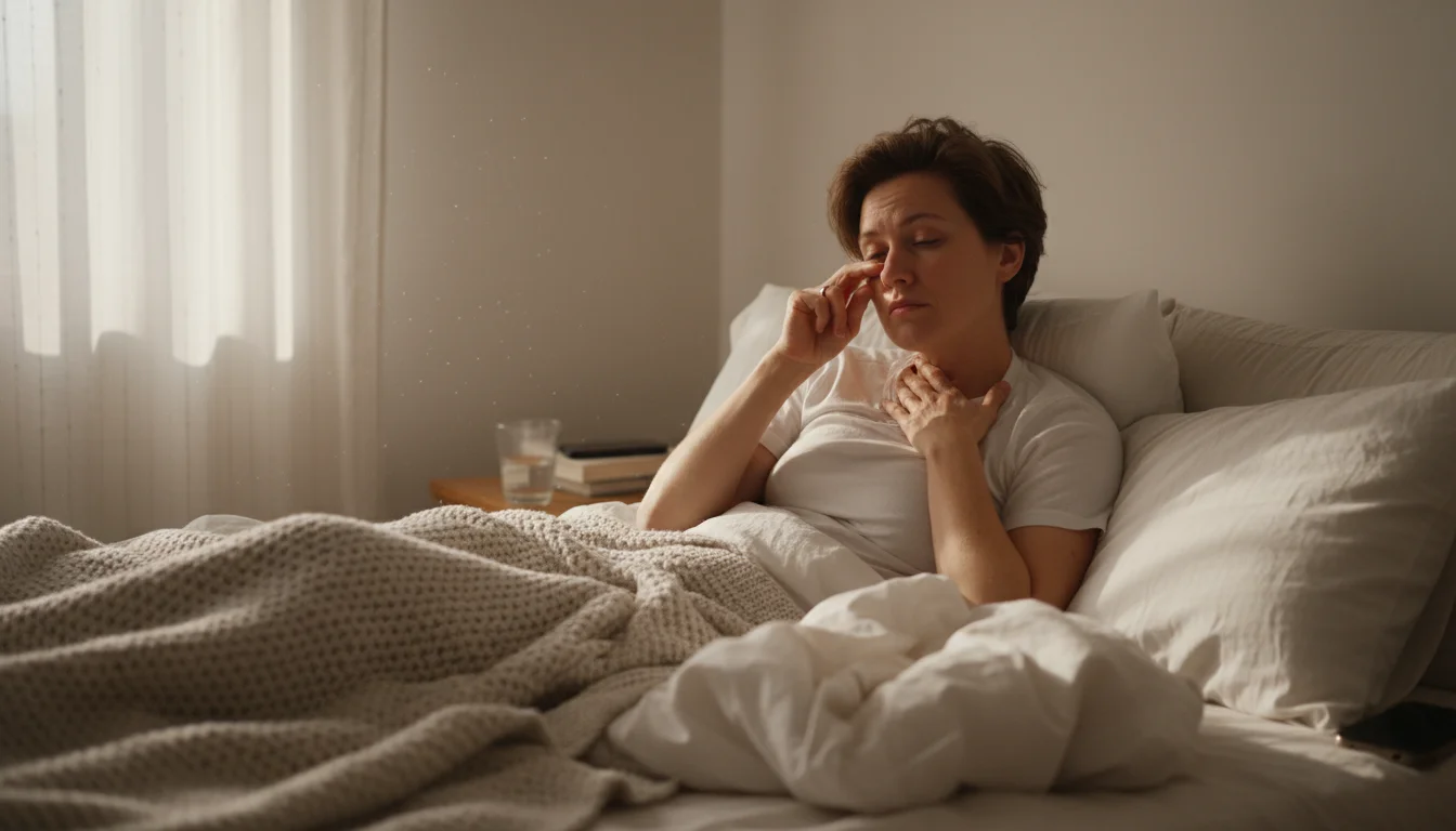 Person sitting up in a sunlit, rumpled bed, gently rubbing their tired eyes and looking a bit uncomfortable.