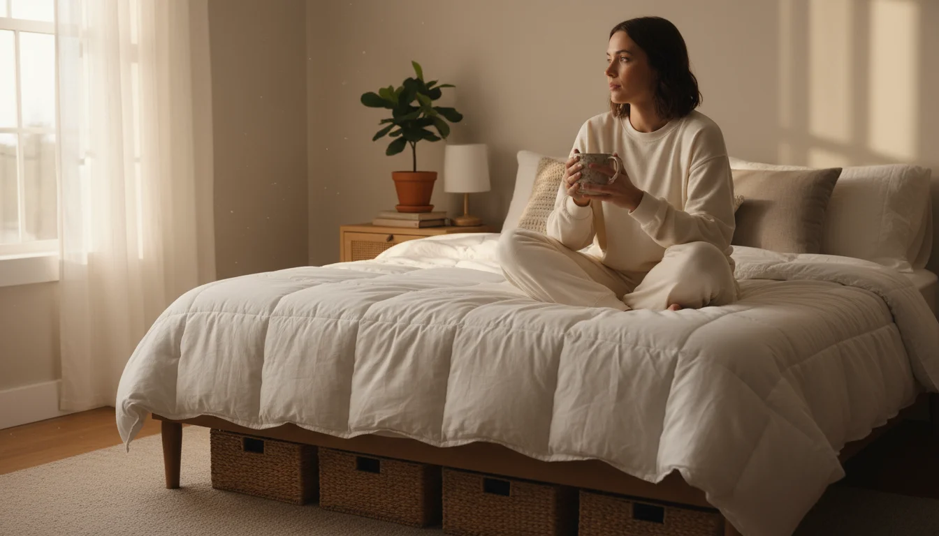 Person sitting thoughtfully on the edge of a bed, holding a mug. The space under the bed is subtly visible in a warm bedroom.