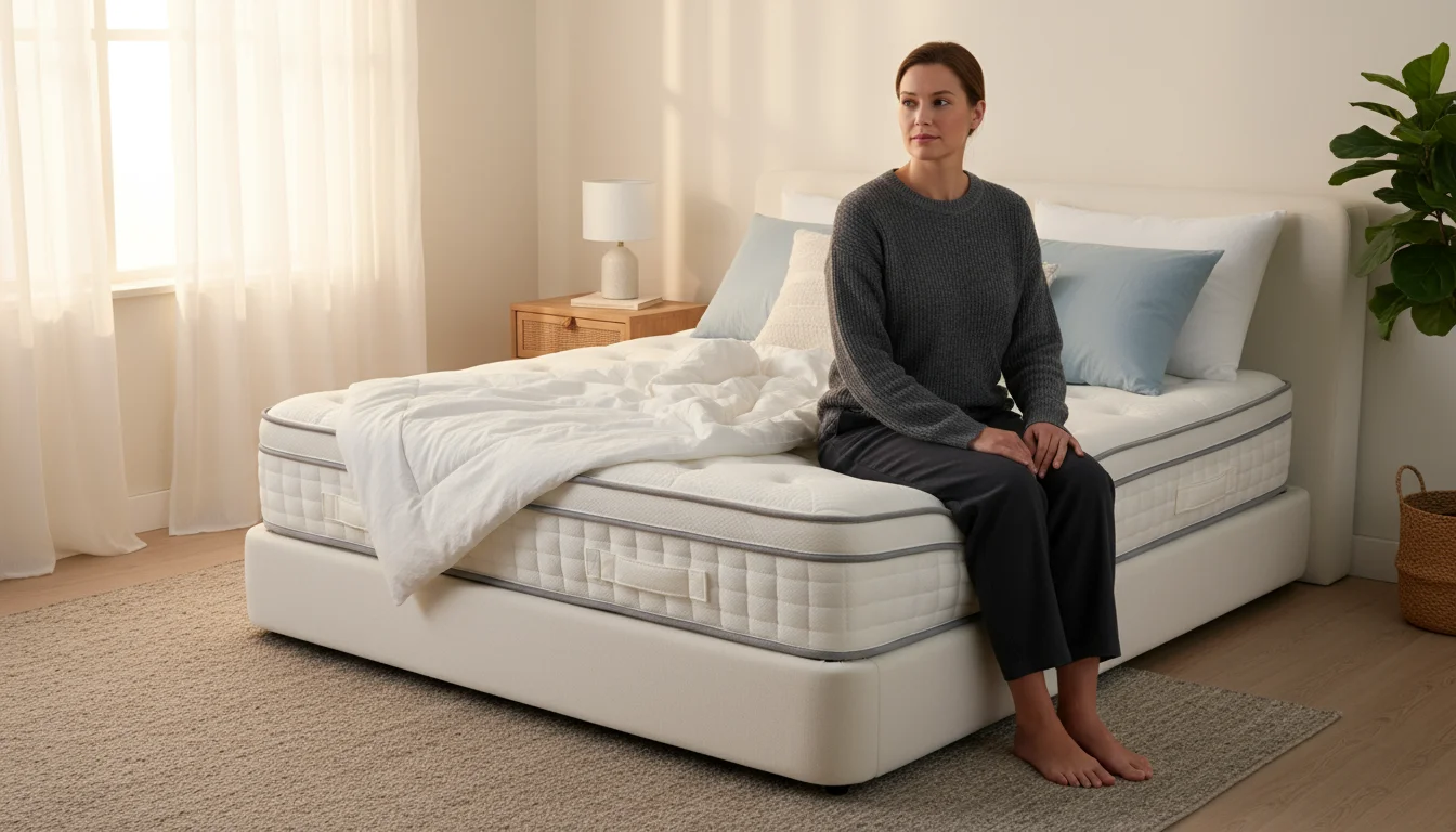 Person sitting upright on the sturdy edge of a thick, premium mattress in a bright bedroom.