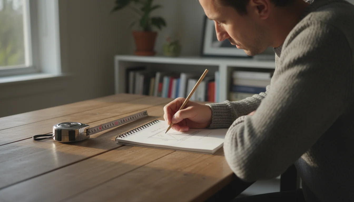 Person sketching a wall diagram on a notepad with a tape measure nearby on a wooden table, a window and outlet in the blurred background.