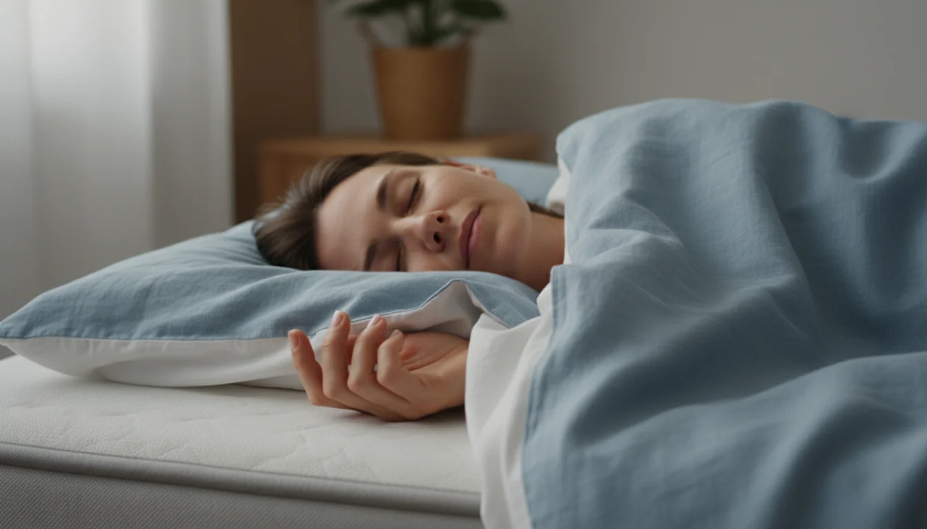 Close-up of a person sleeping peacefully on their back under a pale blue linen duvet. A hand rests on the cool white sheets.