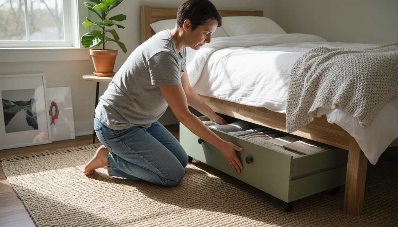 Person sliding a sage green repurposed dresser drawer with small wheels and neatly folded blankets under a wooden bed.