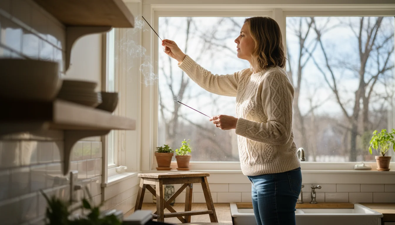 A person on a small step stool carefully checks a kitchen window frame for drafts, using their hand and a thin piece of tissue.
