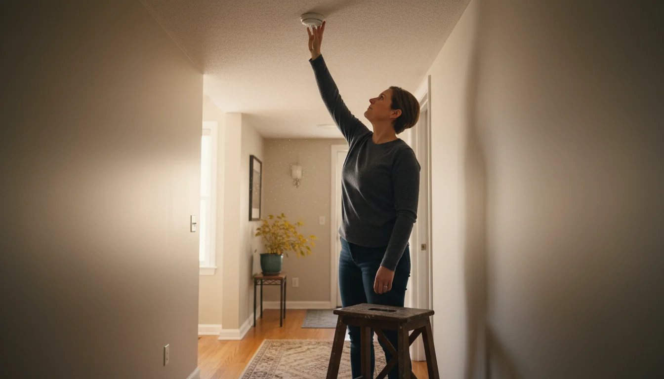 A person on a small step stool presses the test button on a white ceiling-mounted smoke and carbon monoxide detector.