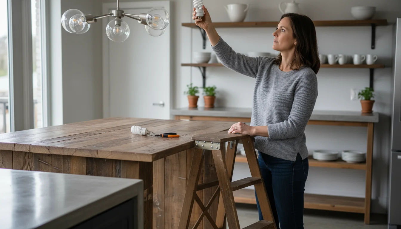A person on a small step stool replaces a spiral CFL bulb with an LED in a kitchen pendant light fixture, showing a gradual upgrade.