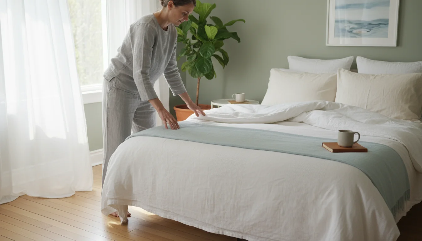 Person smoothing a white linen duvet on a freshly made bed in a bright, sunlit bedroom with an open window and sheer curtains.