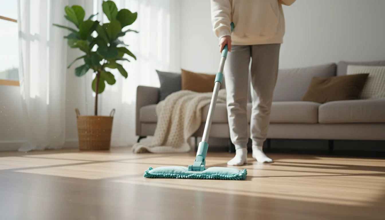 A person smoothly cleans light laminate flooring with a microfiber flat mop, leaving a barely damp sheen.
