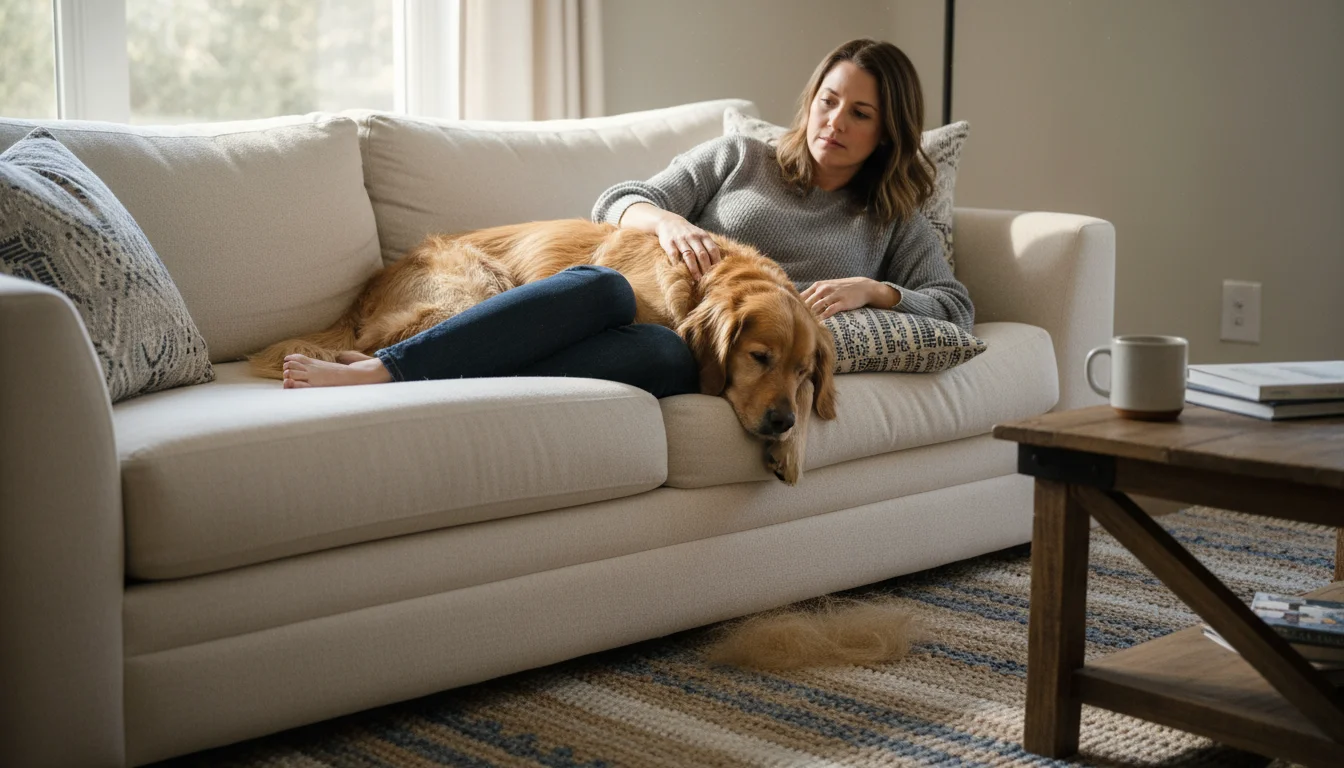 Person on sofa gently strokes a sleeping golden retriever, subtly looking at pet hair on a rug in a cozy living room.