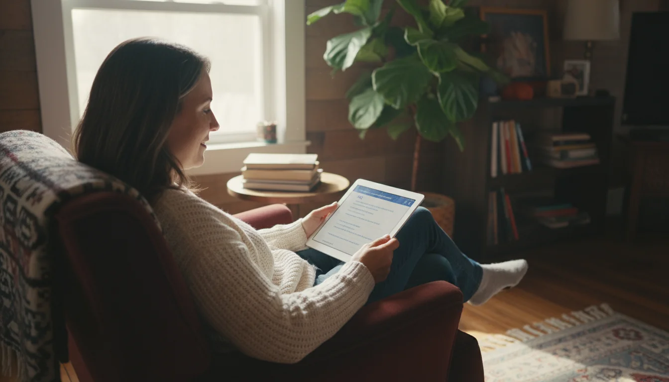A person in a soft sweater reads an article on a tablet in a cozy armchair, with a mug and glasses on a side table.