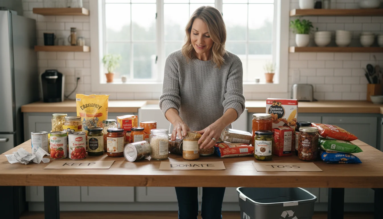 A person sorting a wide array of pantry items like cans, boxes, and jars on a kitchen island.