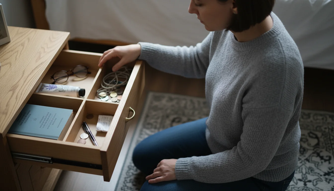 Person sorting items from a half-empty nightstand drawer into labeled baskets on the bedroom floor.
