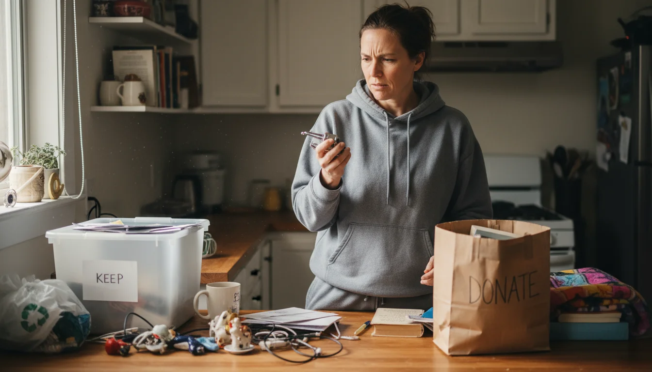 Person sorting items on a kitchen counter, holding one object, with other household items and collection bins nearby.