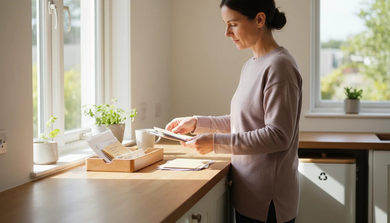 Person sorting mail and paperwork into a tray on a clean, sunlit kitchen counter next to a window.