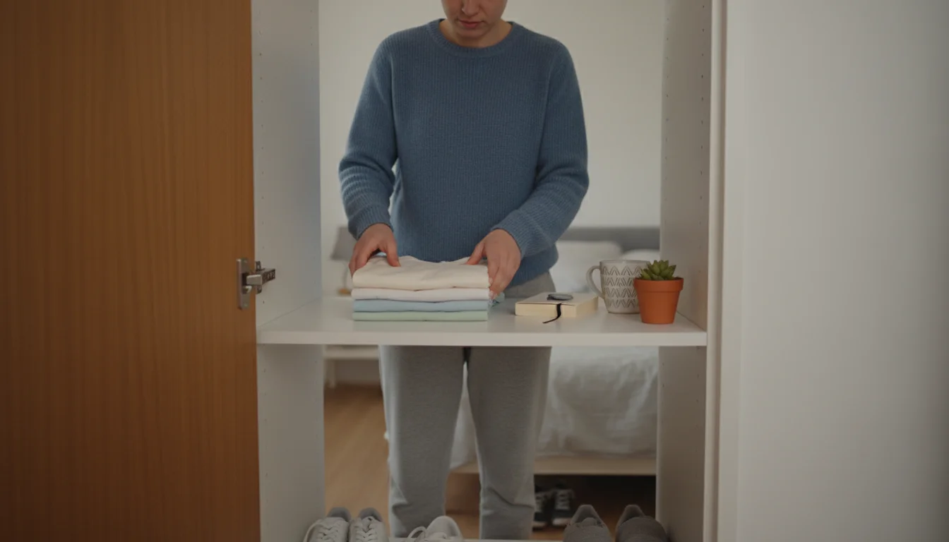 A person sorts folded clothes and small items on a single shelf inside a narrow bedroom wardrobe, lit by natural daylight.