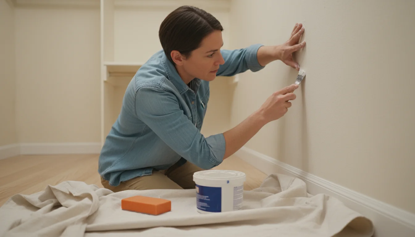 Person spackling a nail hole on an empty closet wall, tools on a drop cloth, preparing the space for a new system.