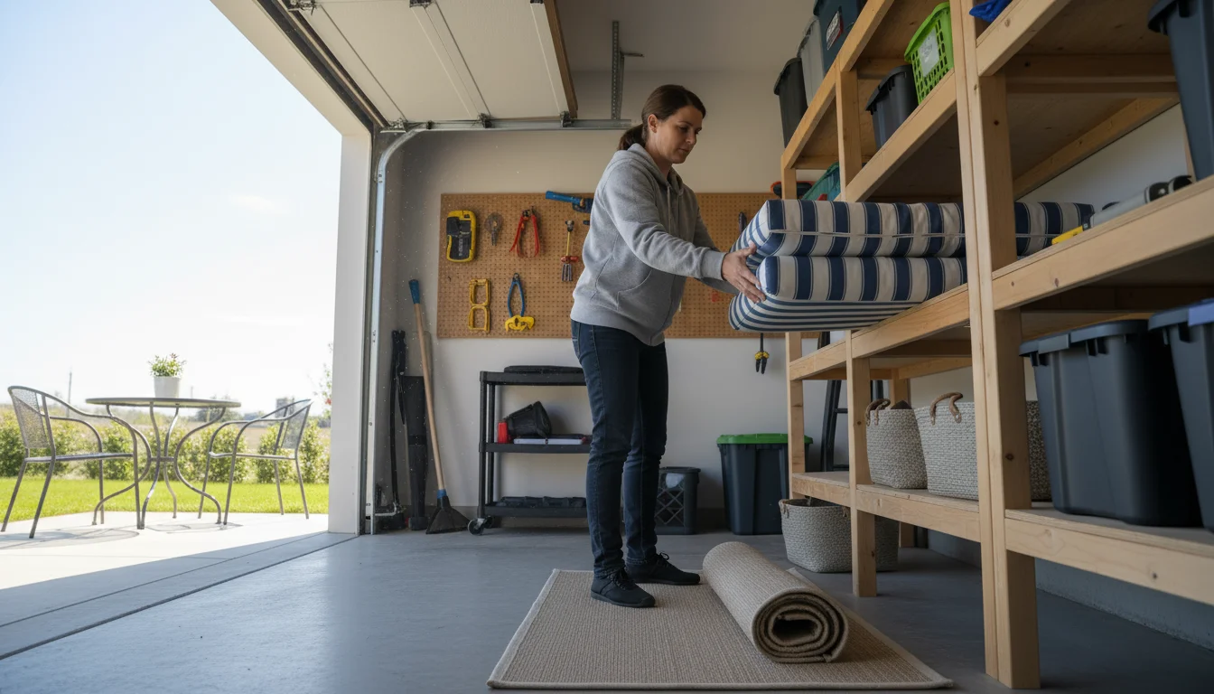 A person stacks neatly folded patio cushions on shelves inside an organized garage, with a clean patio chair and planter outside.