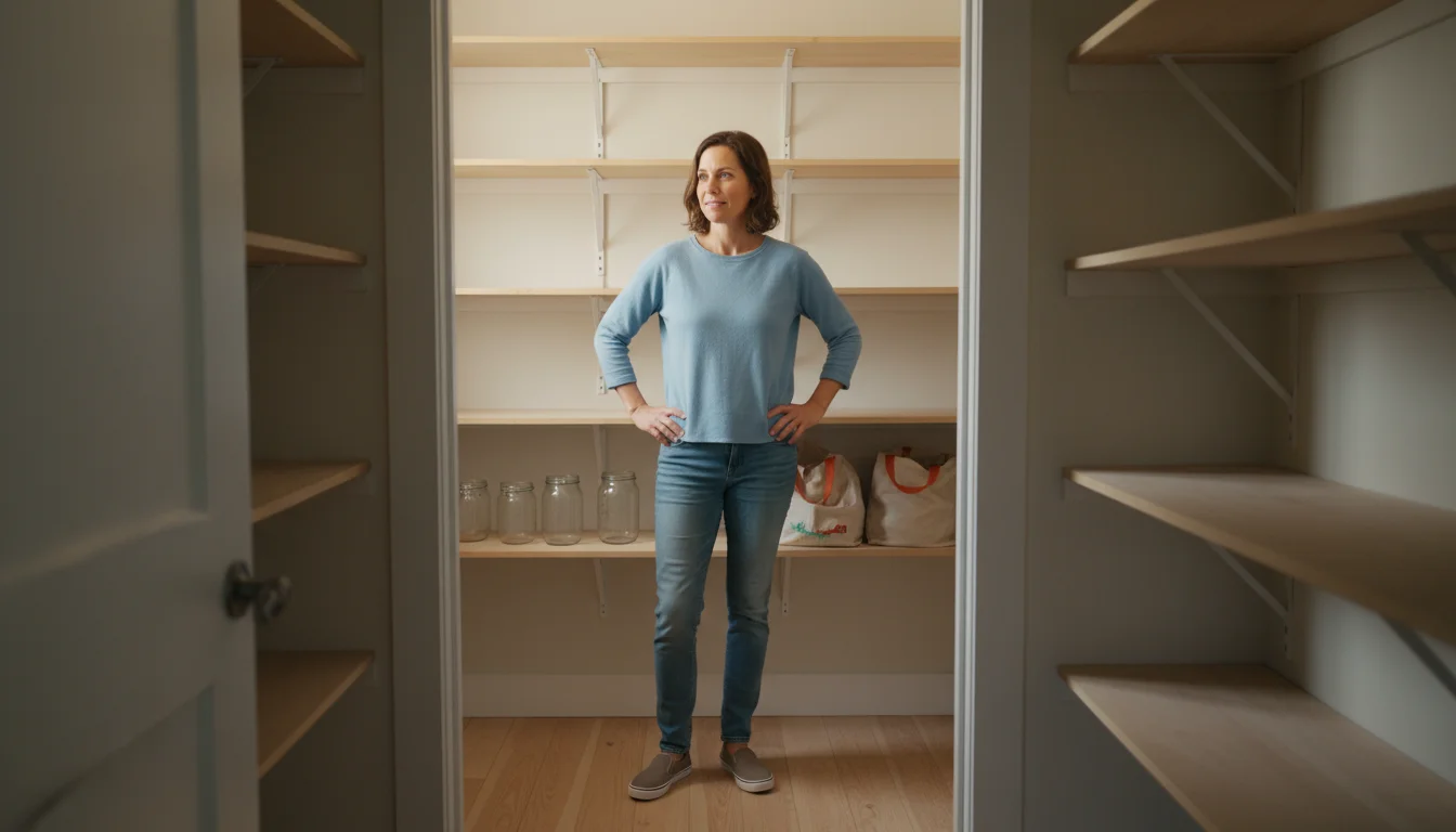 Person standing in a clean, empty walk-in pantry, thoughtfully surveying the bare shelves and planning their organization strategy.